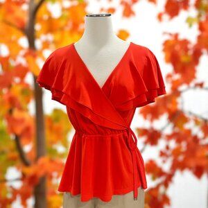 Lauren Ralph Lauren Tangerine Ruffle Wrap Top Blouse PS Petite Fall Trend